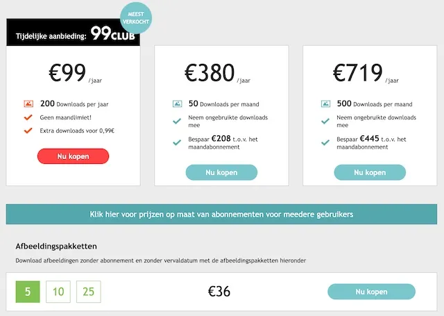 prizjen abonnementen en pakketten van StockPhotoSecrets