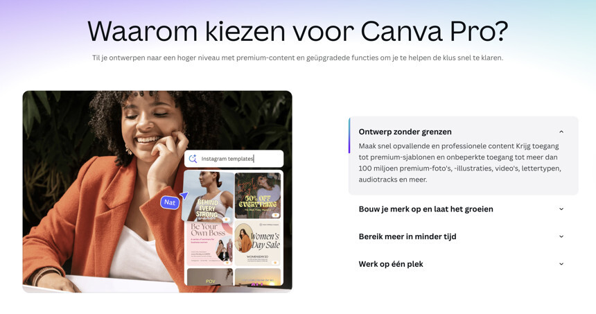 Canva Pro recensie: De ontwerptool met onbeperkte stockfoto's www.canva.com/nl_nl homepage 1